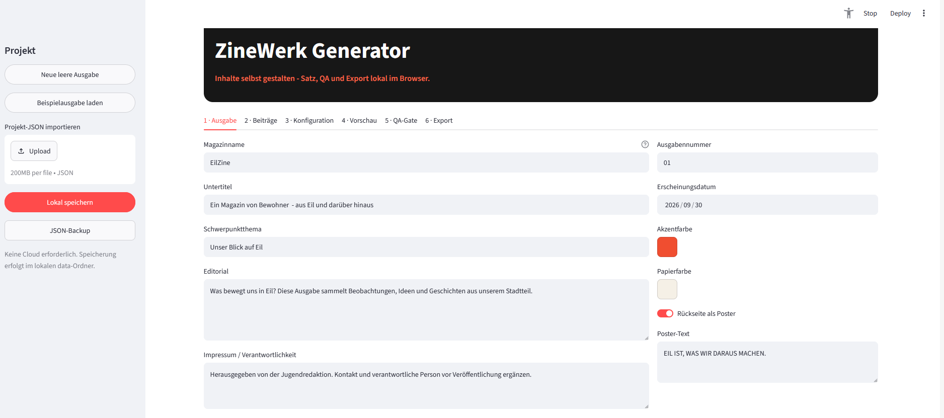 ZineWerk Generator Benutzeroberfläche
